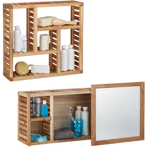2-piece walnut bathroom shelf set, wall shelf with 5 shelves, cabinet with mirror, wooden, natural, oiled wood