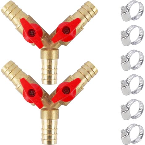 2 Pièces 12 mm Raccord Tuyau d'Arrosage, Laiton Tuyau Gaz Soupape, Raccord Pompe a Eau avec 6 Colliers de Serrage Y Connecteur de Tuyau 3 Voies pour Eau, Huile et gaz pour arrosage de Jardin