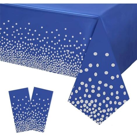 2 pièces 137 x 274 cm Nappes jetables rectangulaires imperméables Bleu foncé et argent à points, pour anniversaires et mariages.