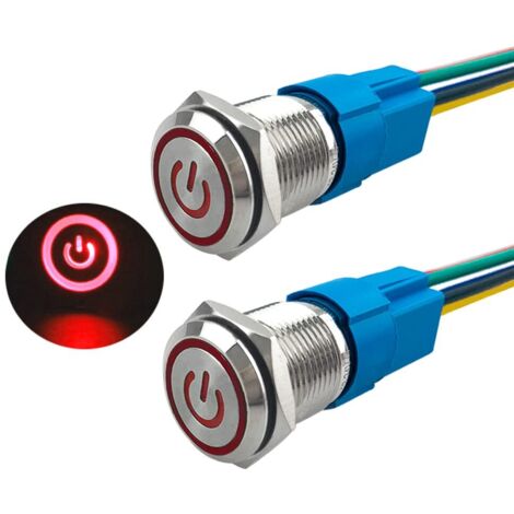 2 Pièces 16 mm Commutateur Bouton-Poussoir Auto-Bloquant, 12V / 24V 5A Interrupteur à Bouton-Poussoir en Acier Inoxydable Étanche IP67, avec Prise Pré-Câblée (LED Rouge)