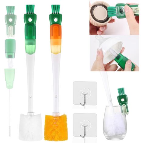 2 Pièces 5 en 1 Brosse à Bouteille avec Long Manche, Brosses de Nettoyage avec 2 Pièces éponge, Brosse Bouteille pour Bouteilles à Col Etroit Biberons Gobelets et Verre à Vin