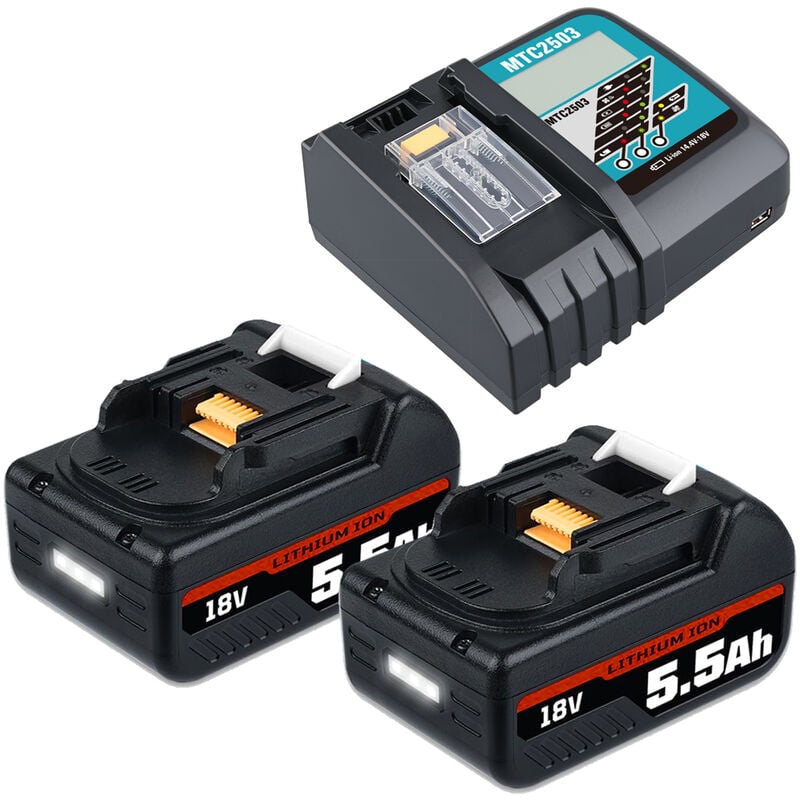 2 pièces 5,5Ah batterie pour Makita lxt 18V BL1860B BL1850B BL1860 BL1850 BL1830+DC18RF chargeur rapide 18V Compatible avec Makita 14,4V-18 v