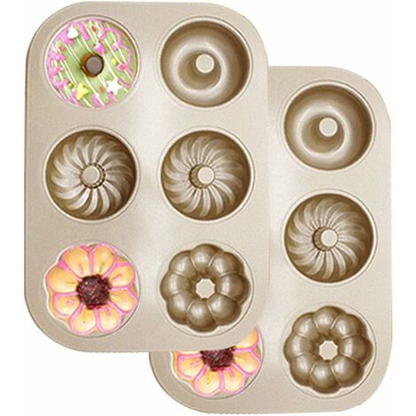 2 Pièces 6 Cavités Moule à Beignets Forme Spécifique de Coquille Métallique Antiadhésif Plaques à Patisserie pour la Cuisson de Gateaux Muffins Biscuits Bricolage au Chocolat - Or Donuts