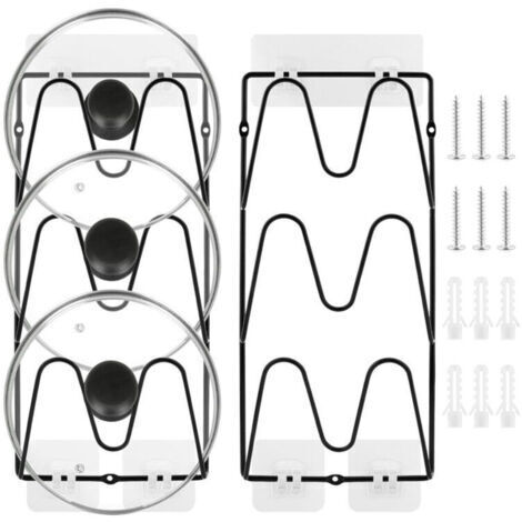 2 pièces, 6 niveaux Support de rangement pour couvercles de casseroles， sans perçage, adhésif,résistant à la rouille, pour couvercles de casseroles et poêles, rangement de cuisine（Noir ）