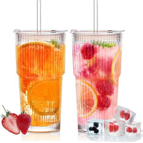 2 Pièces 600ml Verre à Eau avec Couvercle et Paille,Verre Matcha Latte,Gobelets en Tasse Rayé Transparent,Tasse à Jus,à Café Glacé,Smoothie Cup,pour Café Glacé,Smoothie,Lait,Jus,Tea