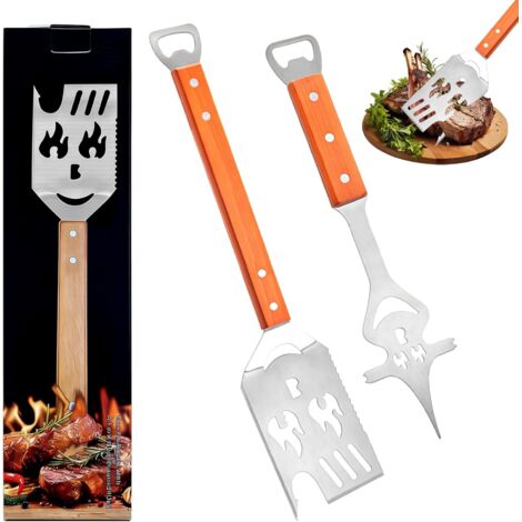 2 Pièces Accessoire Barbecue Outils 7 en 1 Set, 42 × 9cm, Ensemble de Fourche BBQ Spatule Professionnel Acier Inoxydable, Uniques Ustensiles Coudée de Couverts pour Picnics et Outdoor, Argenté