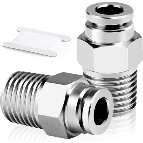 2 pièces acier inoxydable 304 raccords Connecteur pneumatique enfichable, 10 mm de diamètre extérieur du tube x 3/8" filetage BSP mâle