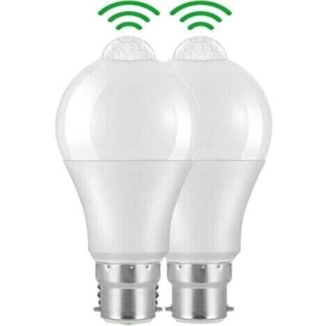 2 pièces Ampoule Detecteur de Mouvement B22 Baïonnette LED, 12W, 1020lm, Blanc Froid 6000 K, CIR 85, étanches IP42 à économie d'énergie, non dimmable, Ampoule à Détecteur de Mouvement
