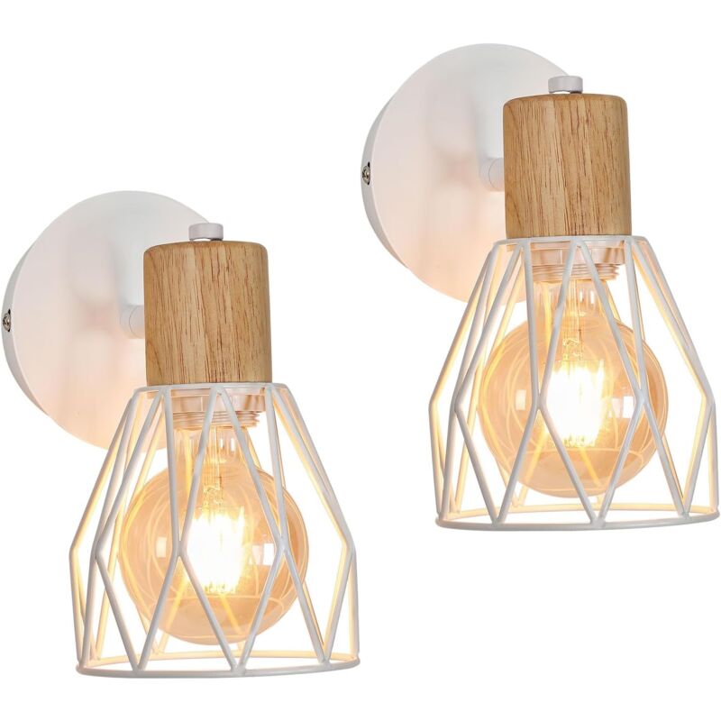 2 pièces Applique Murale Intérieur Bois Vintage Lampe murale E27 Base Pour chambre à coucher, salon, couloir, entrée Blanc (Ampoule non incluse)