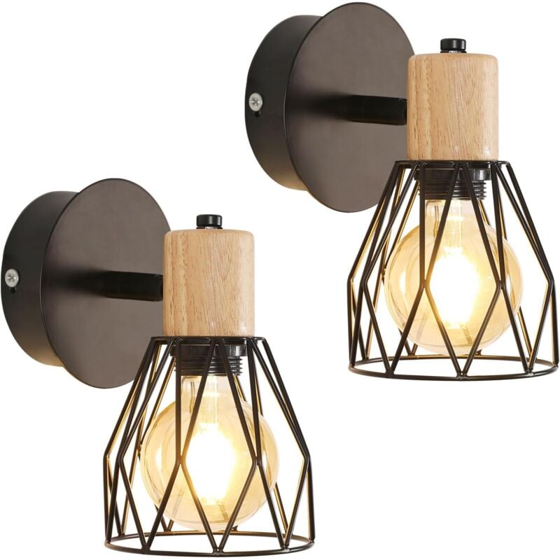 2 pièces Applique Murale Intérieur Bois Vintage Lampe murale E27 Base Pour chambre à coucher, salon, couloir, entrée Noir (Ampoule non incluse)