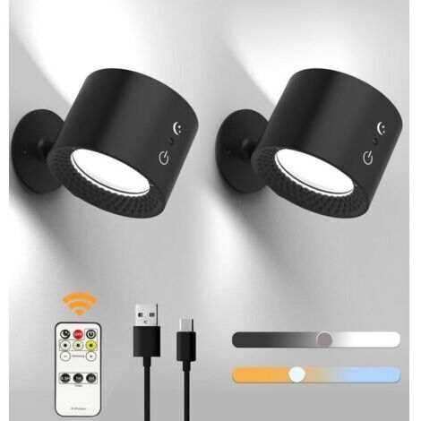 2 Pièces Applique Murale Interieur, LED Lampe Murale Rechargeable avec Télécommande Contrôle Tactile, 3 Niveaux de Luminosité 3 Températures Rotatifs 360° Lampe de Chevet pour Chambre à Coucher