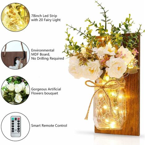 2 Pièces Appliques Mason Jar Lumières Décoration Murale, Lumières Suspendue à Piles ave Fleur Artificielle LED Bande Décor pour Exterieur Intérieur Chambre Maison Salon Jardin Nol Décoration