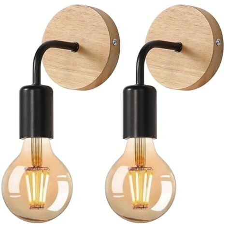 2 Pièces Appliques Murales Industrielles Vintage, Lampe Murale Bois, E27 Rétro Luminaire Interieur pour Chambre Couloir Salon, Noir