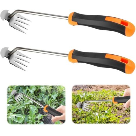 2 Pièces Arrache Mauvaise Herbes Jardinage.Outil de Désherbage Manuel.Poignée en Caoutchouc à 4 Dents Artefact Désherbage Jardin.Pour Désherber les Champs Avec Manche