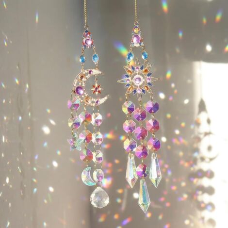 2 Pièces Attrape Soleil Cristal Suspendu, Suncatcher Pendentif, L'étoile Lune Capteur Décoration de Fenêtre à Suspendre, Prisme Coloré pour Fenêtres et Jardin, Les Porches Murs, Cadeau