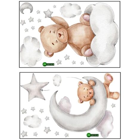 2 Pièces Autocollants Muraux Enfant - Ourson Endormi sur la Lune et Motifs Cartoon pour Décoration Chambre Bébé