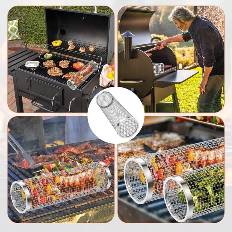 2 PièCes bbq Grill Panier Rouler Griller Panier Grill en Acier Inoxydable Barbecue Grill Portable Grill Paniers -a