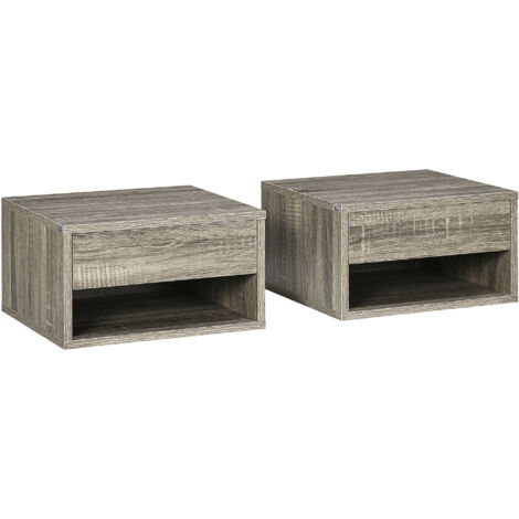 2 Pieces Bedside Table Nightstand Wall Mounted with Drawer and Shelf Grey