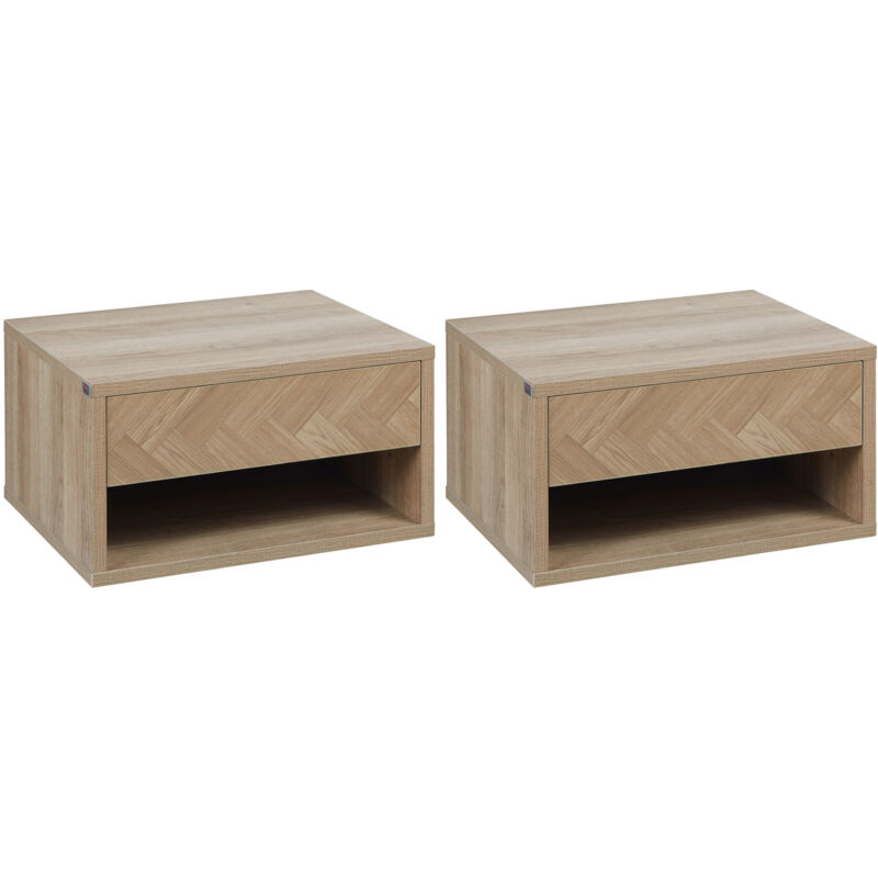 2 Pieces Bedside Table Nightstand Wall Mounted with Drawer and Shelf Natural wood finish