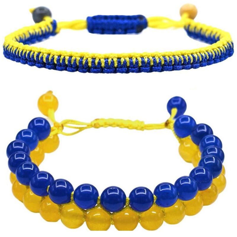 2 Pièces Bracelet Ukraine Bleu Jaune en Perles de Cristal Naturel, Bijou Artisanal Tressé Réglable pour Yoga et Méditation