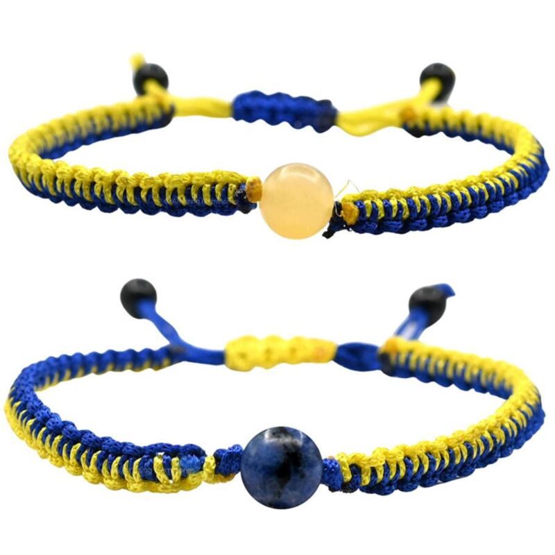 2 Pièces Bracelet Ukraine Bleu Jaune en Perles de Cristal Naturel, Bijou Artisanal Tressé Réglable pour Yoga et Méditation