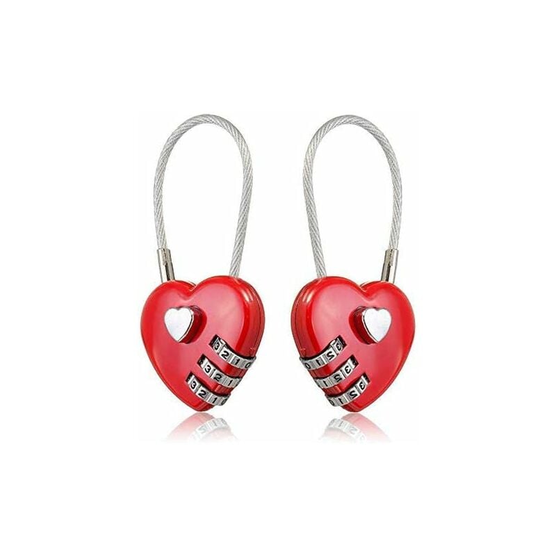 Sunxury - 2 pièces câble métallique en forme de coeur amour serrure 3 cadenas à combinaison numérique mot de passe réinitialisable pour sacs de voyage