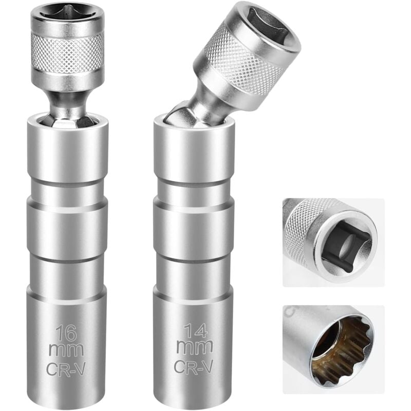 2 Pièces Cle a Bougie Magnétique, Extracteur de Douille Bougie,16mm/14mm Longue, 3/8' - 10mm Flexible Clés à Bougie, Clé à Douille de Retrait pour la
