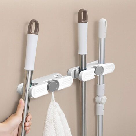 2 pièces clips de vadrouille sans perceuse support de vadrouille adhésif avec crochet pour cuisine salle de bain jardin blanc