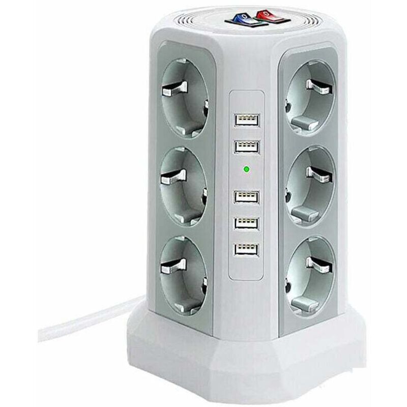 Tour multiprise parafoudre et surtension, Multiprise Electrique avec 5 Ports usb et 12 Prises, multiprise avec et 3 Interrupteurs, Blanc