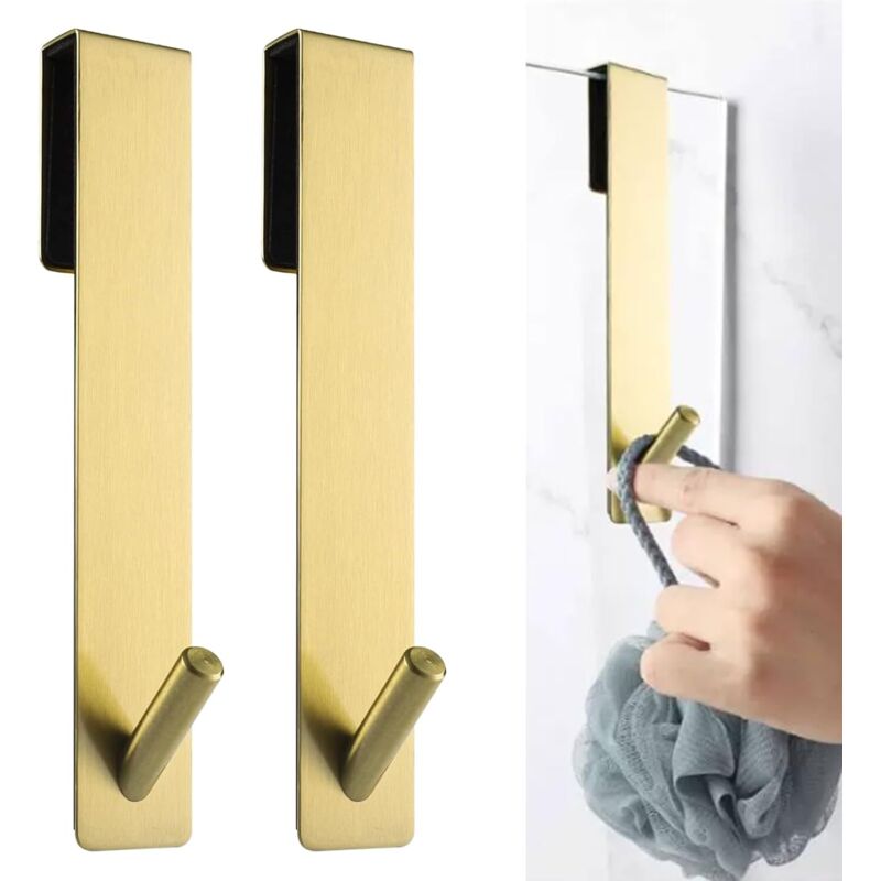 2 Pièces Crochet Douche, Crochet Porte Serviette sans perçage, Crochets de porte pour portes de douche en verre sans cadre (Or)
