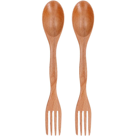 2 Pièces Cuillère Fourchettes en Bois de Hêtre, Ustensiles de Table Double Usage pour Dessert