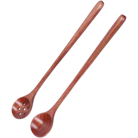 2 Pièces Cuillères en Bois à Manche Long Droit pour Cuisine, Ustensiles pour Bols, Tasses et Assiettes