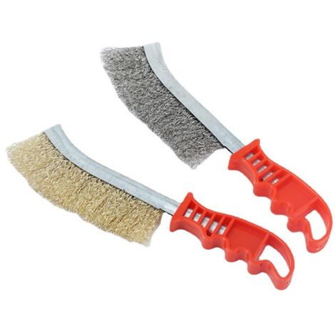 2 pièces de brosses métalliques en fil d'acier plaqué cuivre, brosse de type couteau avec manche en plastique pour le nettoyage du fil de cuivre industriel, élimination de la rouille, brosse métalliqu