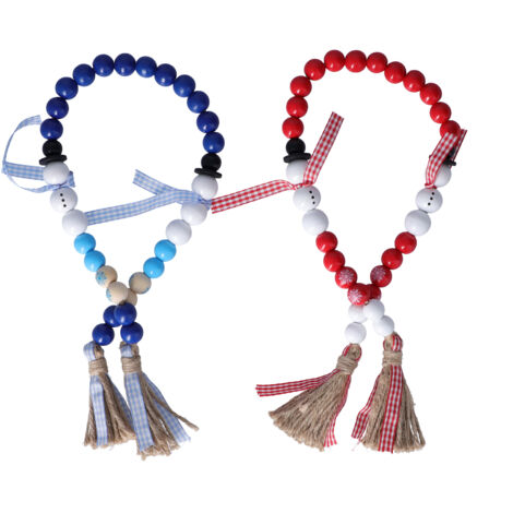 2 pièces de guirlandes de perles en bois rustique 65cm, perles décoratives colorées avec glands pour décoration intérieure de Noël, rouge et bleu