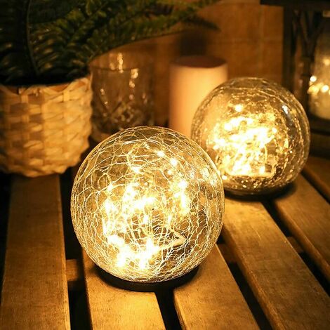 2 pièces de lumières solaires extérieures, lampadaires solaires extérieurs, lumières extérieures de boule de verre fissuré, éclairage solaire, lumières de patio de cour de passage de pelouse de jardin