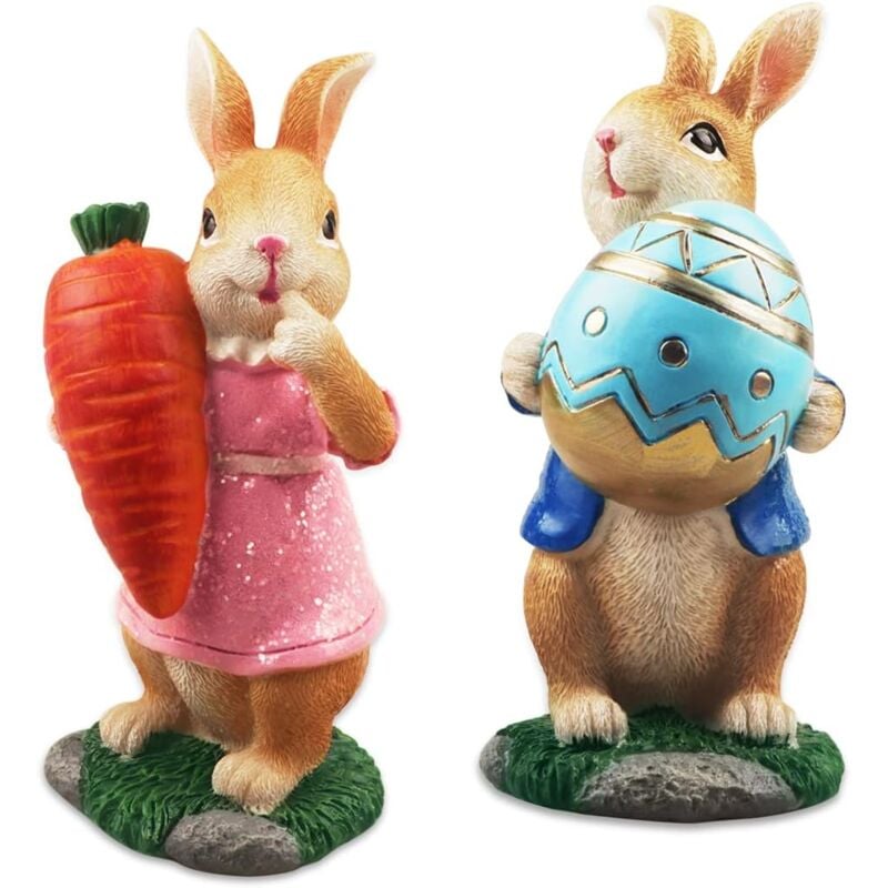 2 Pièces Décorations de Lapin de Pâques Statues et Figurines de Lapin de Pâques avec Carotte et Oeuf,Pièce Maîtresse de Table de Pâques Lapin en