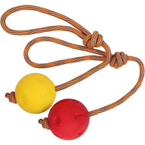 2 Pieces Dog Ball with Rope, Durable Strong Rubber Ball on a Rope, Ideal for Picking Up, Catching, Throwing and Pulling Rope (6cm, Red + Yellow)