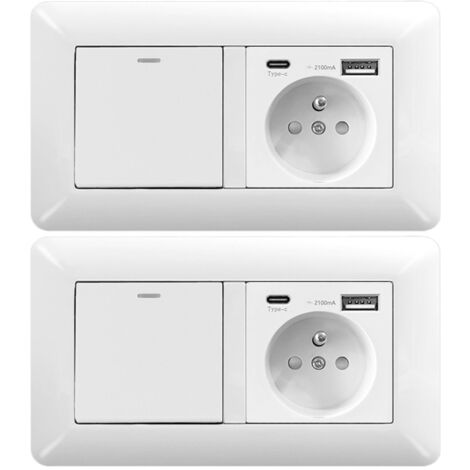 2 pièces – Double Module Interrupteur + Prise Murale USB/Type-C, Installation Facile Blanc