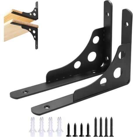 2 Pièces Équerre Étagere Murale Robustes de 20 x 14 CM, Support Étagere Murale Pratique, Equerre Etagere Murale à Angle 90°, Equerre Etagere en Acier Inoxydable Épais Application Large, Noir