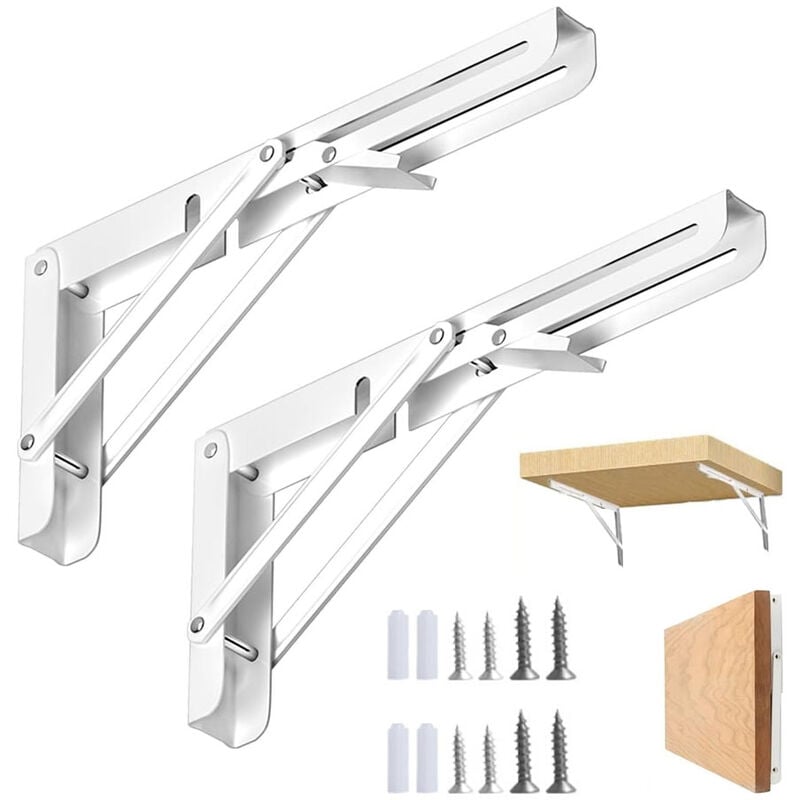 2 Pièces Equerre Pliante, 200mm Équerre Pliable, Acier Inoxydable Equerre Etagère Pliante, Blanc Equerre Tablette pour Établis pour Gagner de La