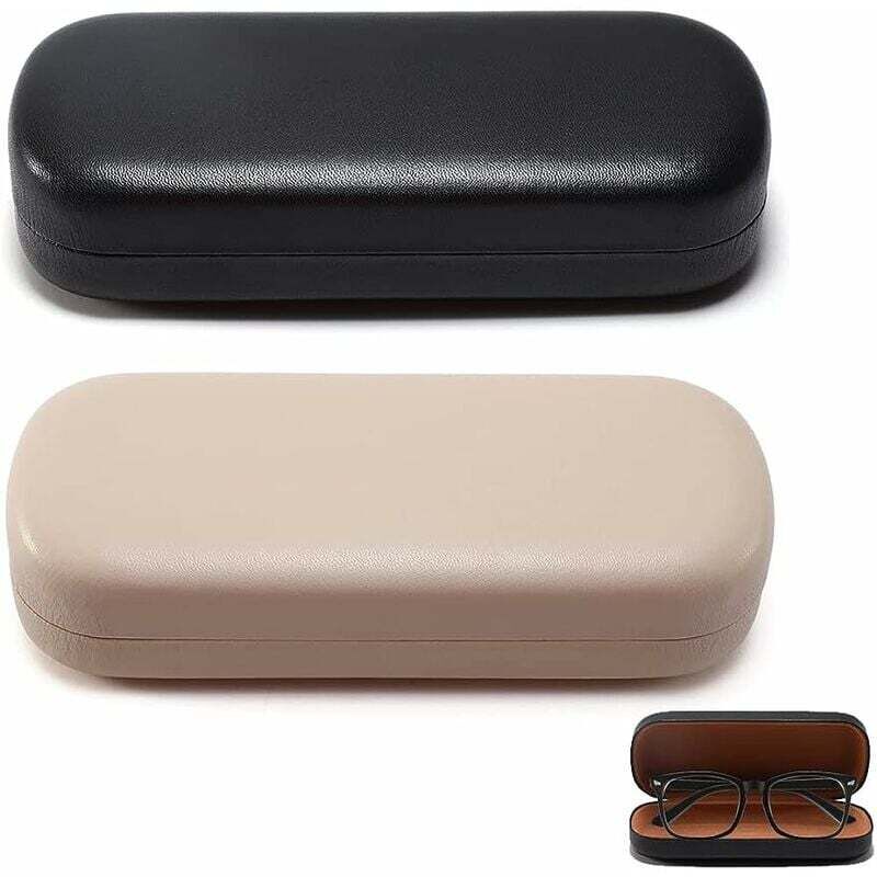 2 Pièces Étui à Lunettes en Cuir, Etui Lunettes, Boîtier Rigide, de Protection Soleil, pour Homme, Femme, Enfant, Noir, Beige, Taille unique，