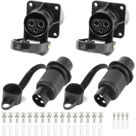 2 pièces Fiche Remorque 3broches 12v 24v et 2 pièces Prise Remorque 3broches,Fiche Attelage 3 pin Mâle pour Agricole Véhicule,Voiture Porte-vélo,Prise d'attelage,Prise 3 plots Agricole