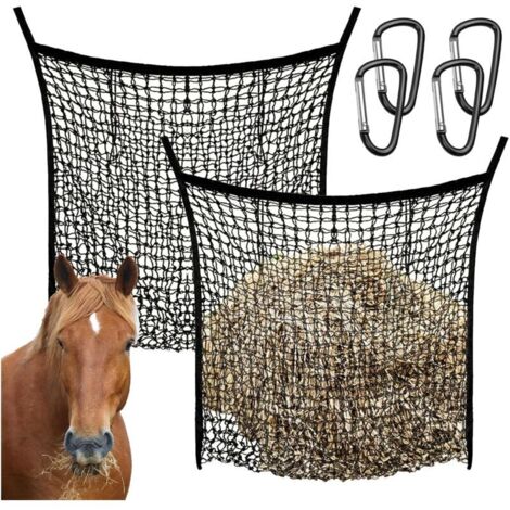 2 Pièces Filets à Foin Pour Chevaux, 90x80cm Grand Filet à Foin Filet à Foin Pour L'Agriculture Avec 4 Mousquetons Filet à Foin Noir à Mailles SerréEs Pour Chevaux BœUfs Moutons