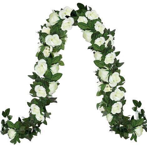 2 Pièces Fleurs Artificielles Deco, Fleur Artificielle Guirlande de Rose Decoration Mariage pour Murs, Jardin, Salon, pour Les d’Anniversaire Intérieur et Extérieur, 2,3 Mètre - Blanc