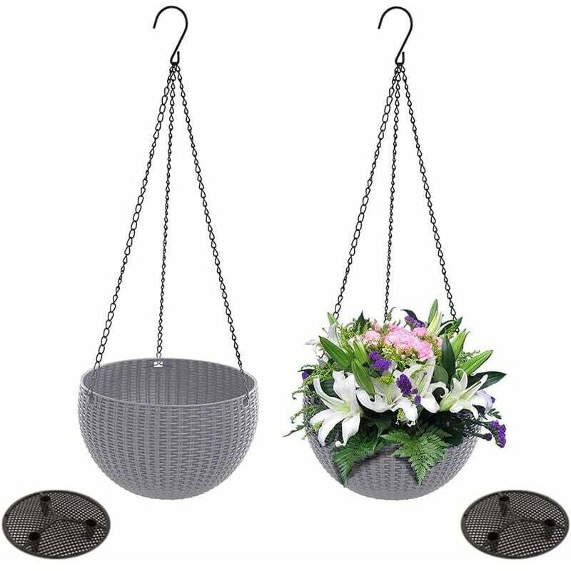 2 Pièces (Gris) Pots de Fleurs Suspendus en Rotin, Jardin Paniers Suspendus, Jardinière Suspendu, Pot Suspendu Fleurs en Plastique, pour La