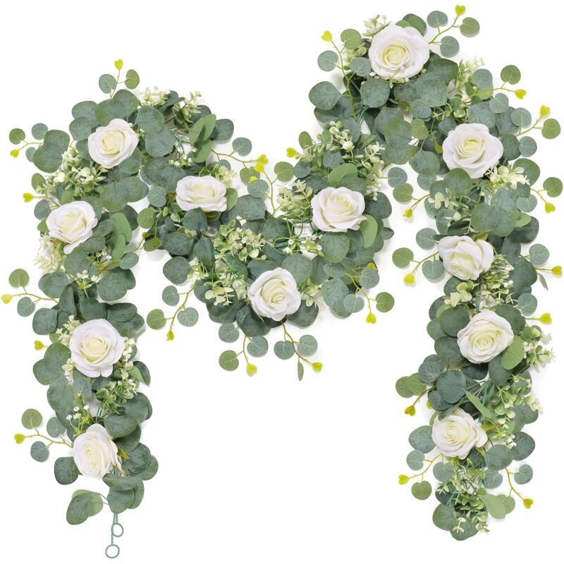 2 Pièces Guirlande Fleurs Artificielles 1.8m Faux Rosier Guirlande Eucalyptus Plante Artificielle Guirlande de Fleur Fausse Plantes Suspendues pour