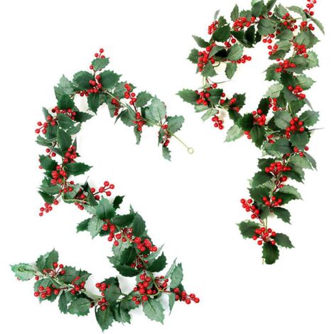 2 Pièces Guirlande Noel Baies Rouges, Guirlande Sapin Noël Artificielle Guirlande d'hiver Houx Baies Rouges - Guirlande Sapin Mixte pour Noël, Festivals et Fêtes Noël, 175CM