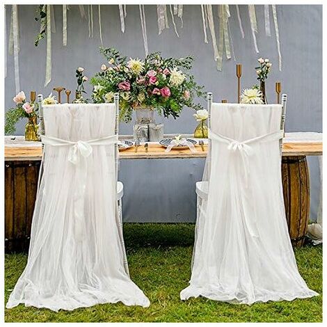 2 Pièces Housse de Chaise Mariage en Tulle Blanc Romantique Duveteux Couverture Tulle Mariage Décoration de Ceremonie Fête Anniversaire 260  150cm