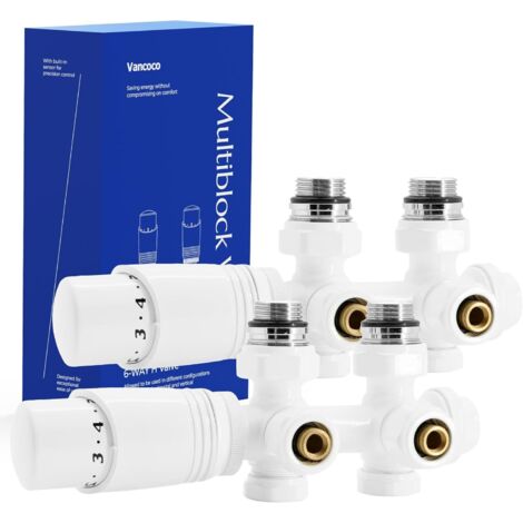 2 Pièces - Kit Multibloc - Vanne Thermostatique - Raccordement Central 50mm - Régulation Précise - Pour Radiateur Chauffage - Blanc - 50mm