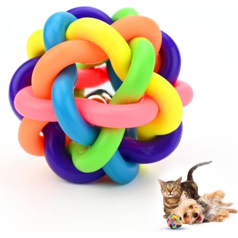 2 Pieces Knotted Dog Ball Colorful Rubber Ball with Bell Pet Chew Toys Chewing Ball Dog Toy Puzzle Cat Interactive Teeth Cleaning Toy (6cm)